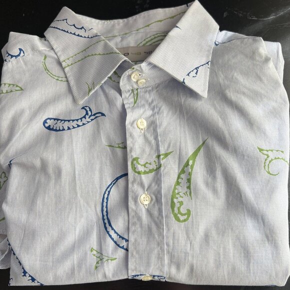 Etro Italy oversized paisley print button down cotton shirt blue check US XXL - Picture 1 of 9
